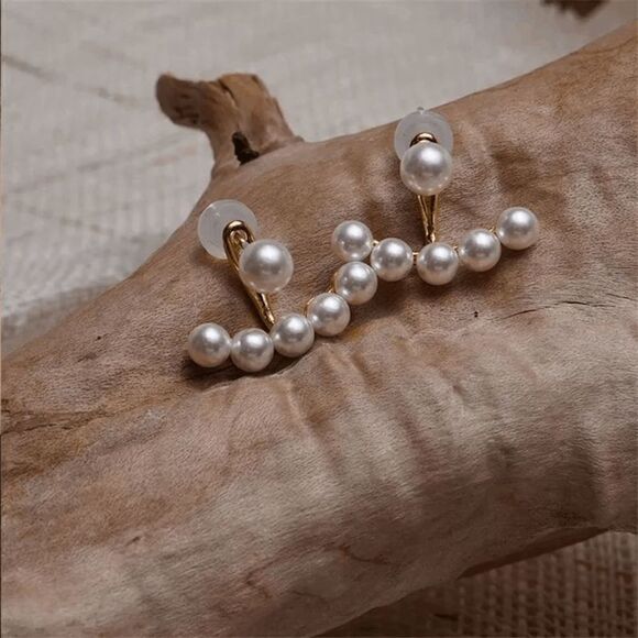 Gold Pearl Ear Crawler Jacket Stud Earrings - Picture 6 of 8